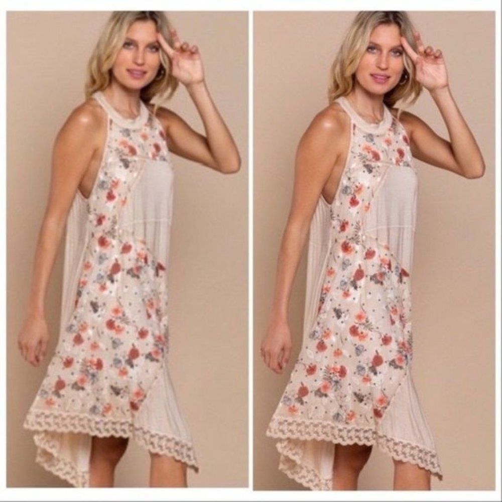 Pol Dress w/ caged  neckline contrast Floral Print